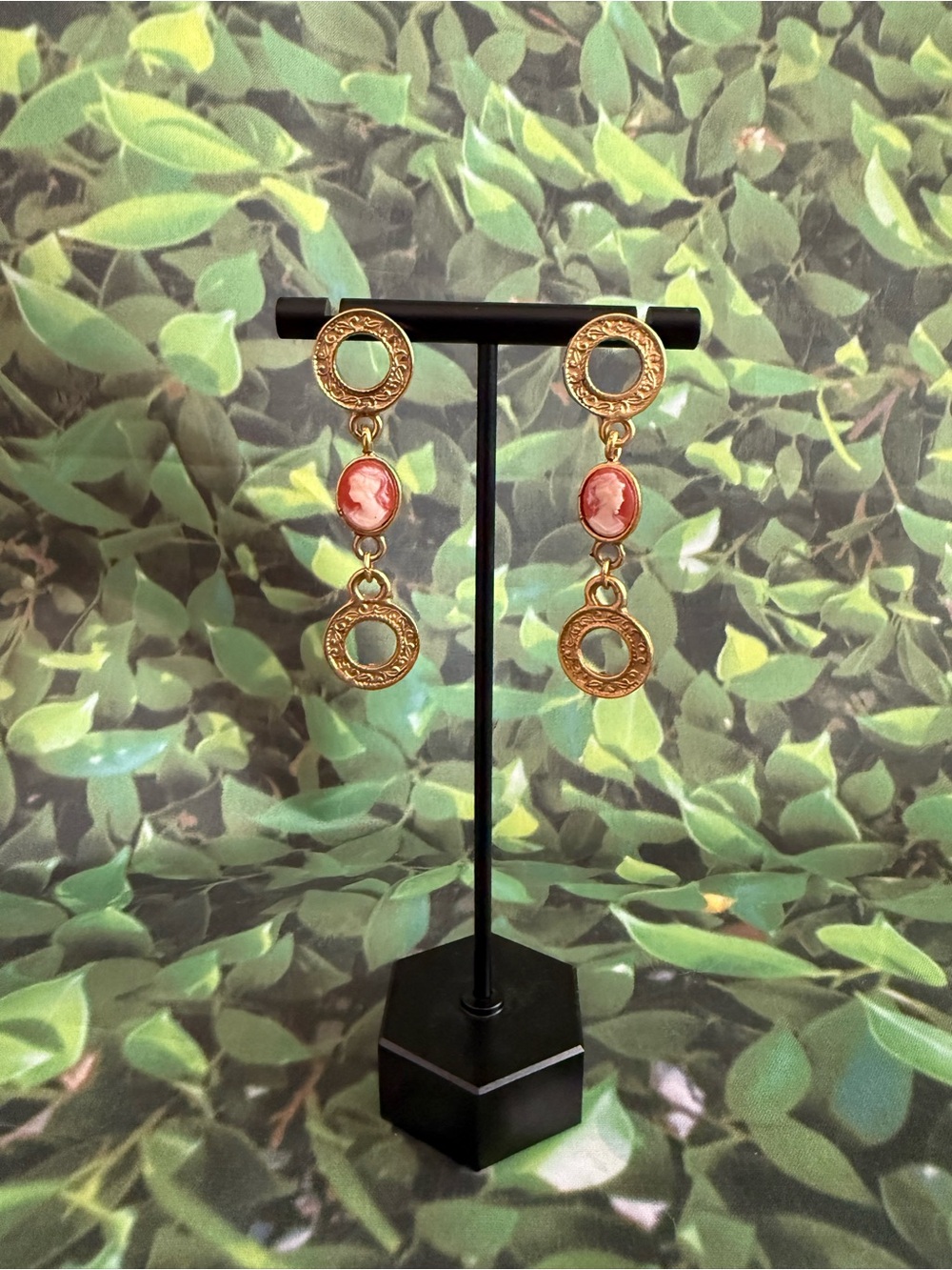 Gold-Tone Cameo Drop Earrings - Pink Cameo Accent